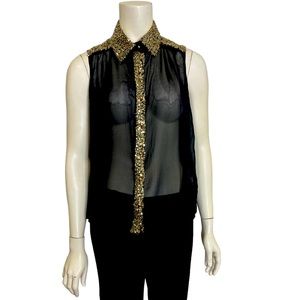 ISSI Black Sheer Gold Sequin Sleeveless Button Up Blouse Top S